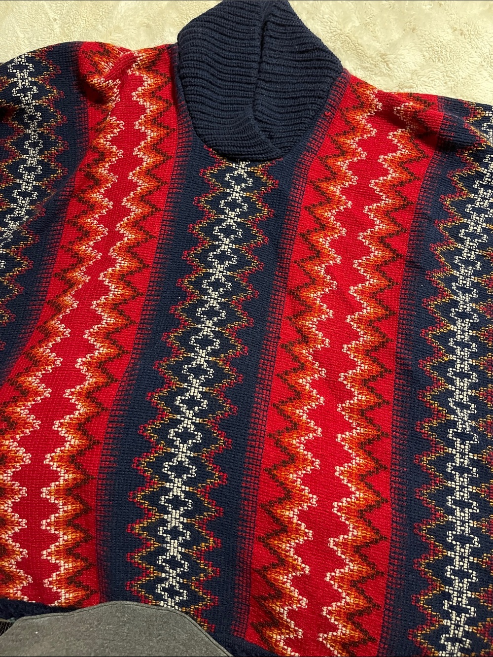 Vintage Red Navy Multicolor Zigzag Turtleneck Poncho Sweater